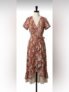 Rust and White Floral Wrap Dress! Excellent condition!